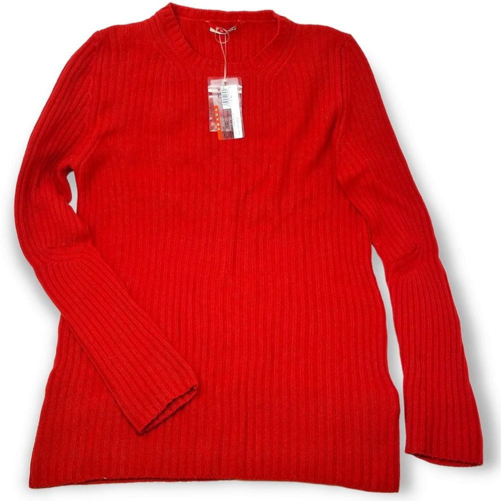 PRADA Paricollo Rosso 100% Cashmere Coste Sweater, Red, Super Soft WARM, Size 48